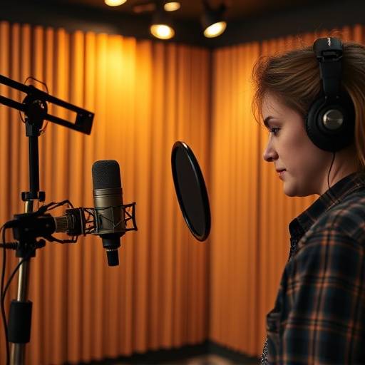 Voice-over artist in a recording booth
